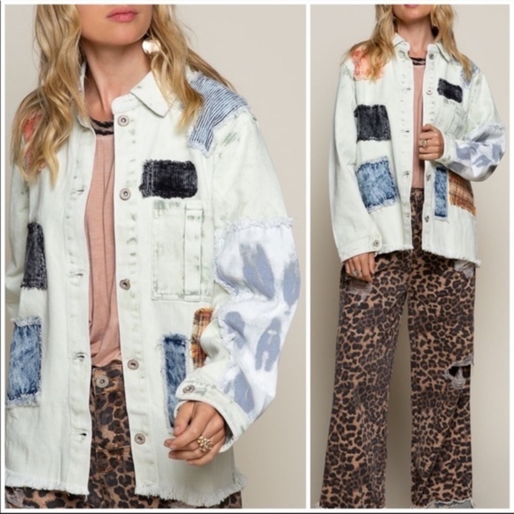 POL Western Bleached Denim Jacket Unique Patchwork Acid Wash Tie Dye - Picture 11 of 11